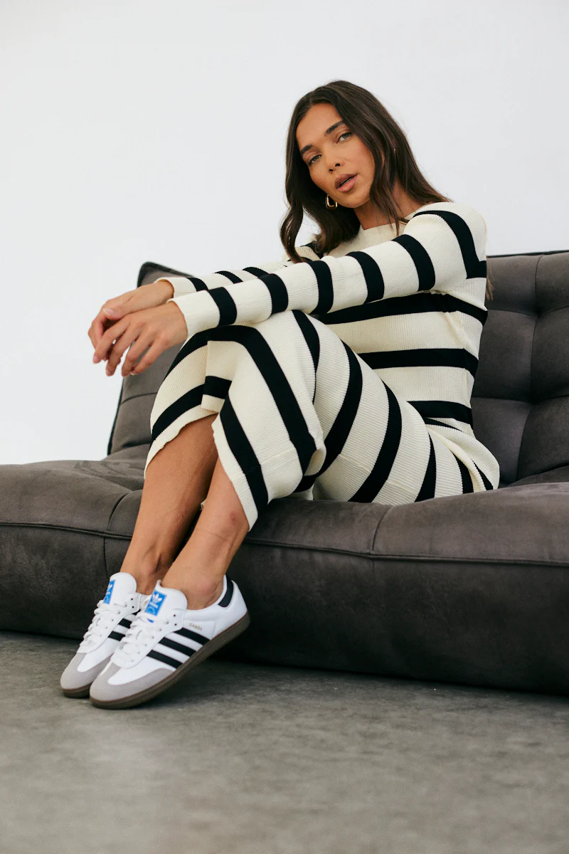 Rib Knit Stripe Long Sleeve Midaxi Dress - Image 3