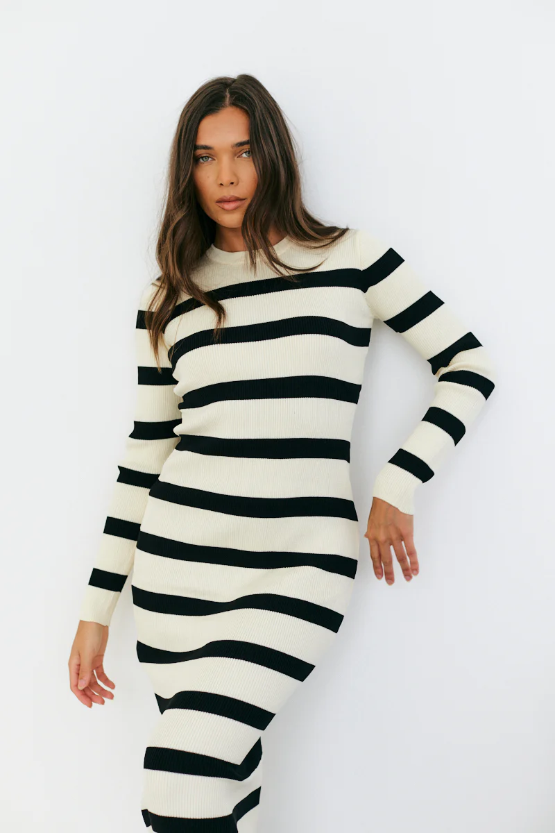 Rib Knit Stripe Long Sleeve Midaxi Dress - Image 5