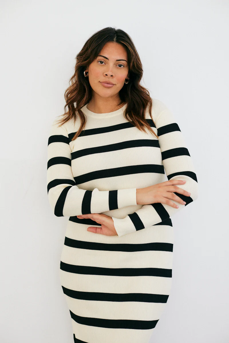 Rib Knit Stripe Long Sleeve Midaxi Dress - Image 7