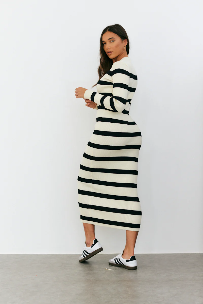 Rib Knit Stripe Long Sleeve Midaxi Dress - Image 9