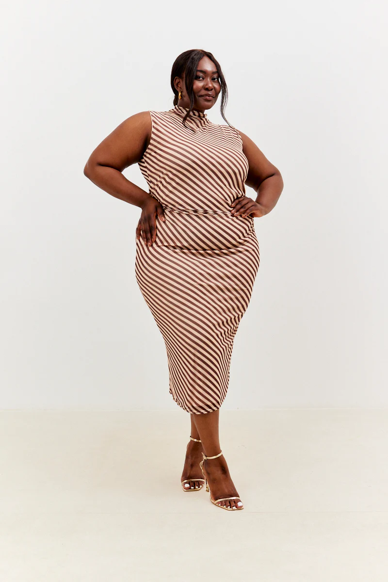 Stripe Printed Mesh Bodycon Midaxi Dress - Image 6