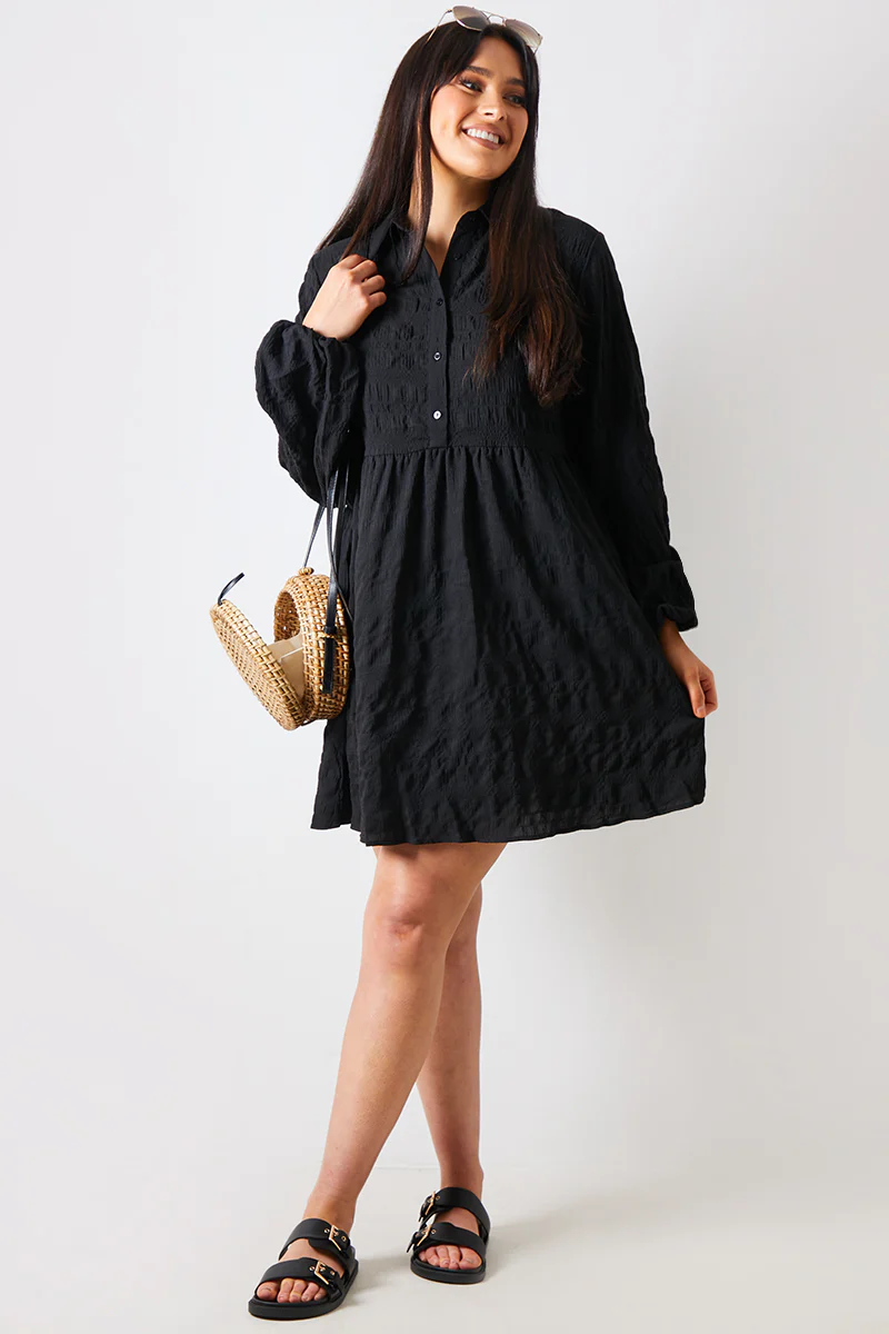 Textured Button Through Collared Smock Dress