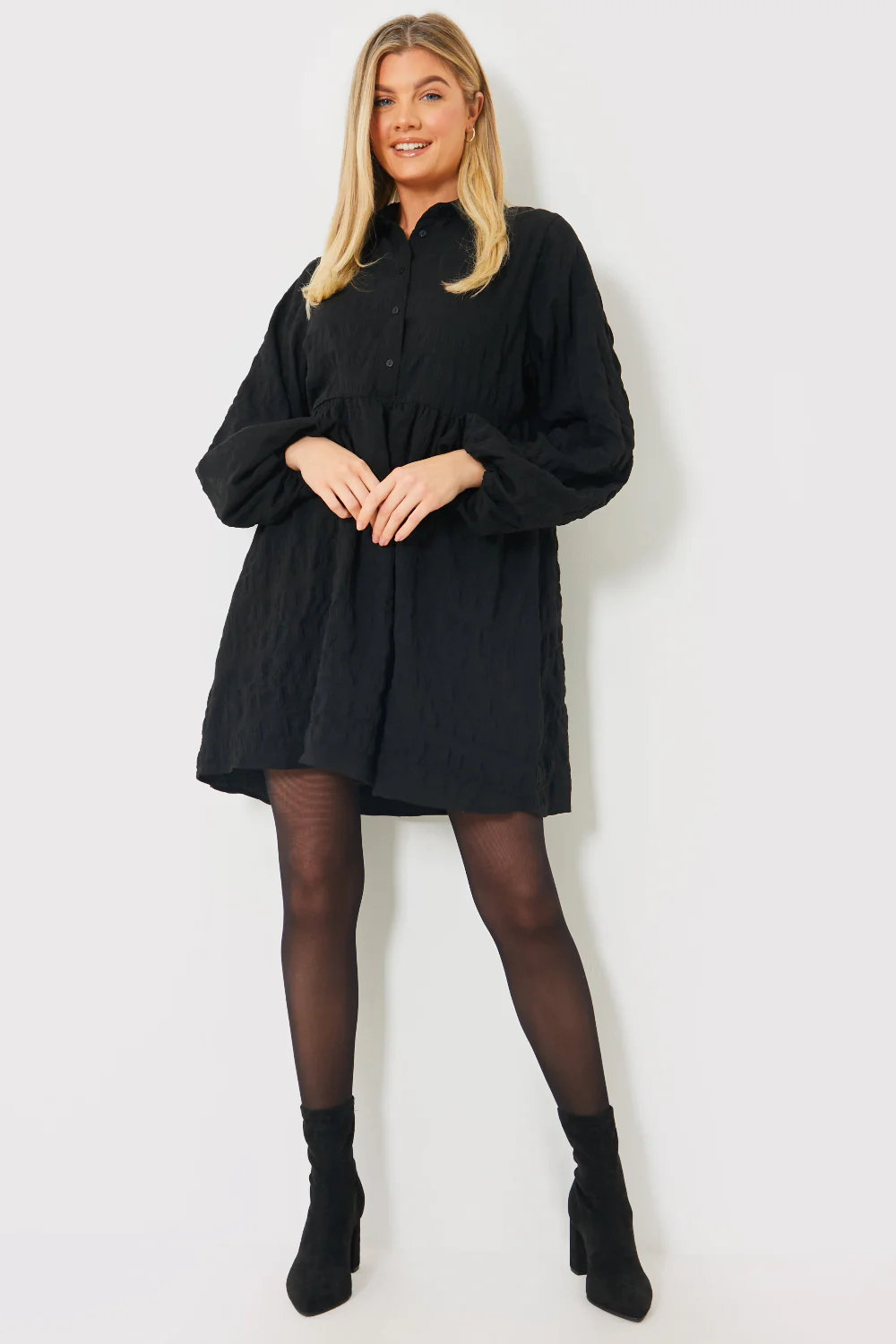 Textured Button Through Collared Smock Dress - Image 10