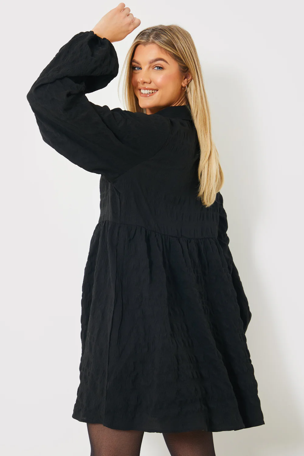 Textured Button Through Collared Smock Dress - Image 12