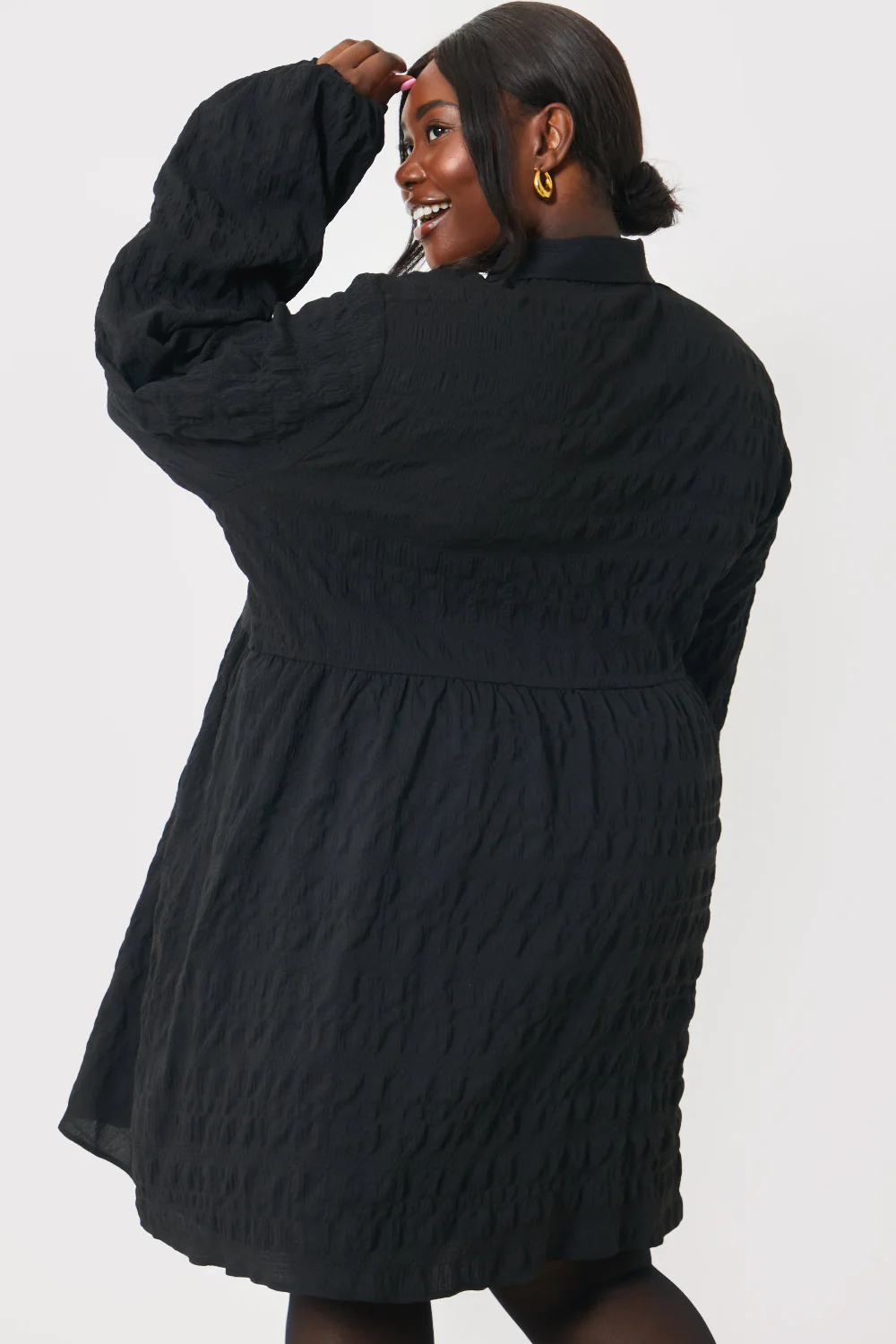 Textured Button Through Collared Smock Dress - Image 15
