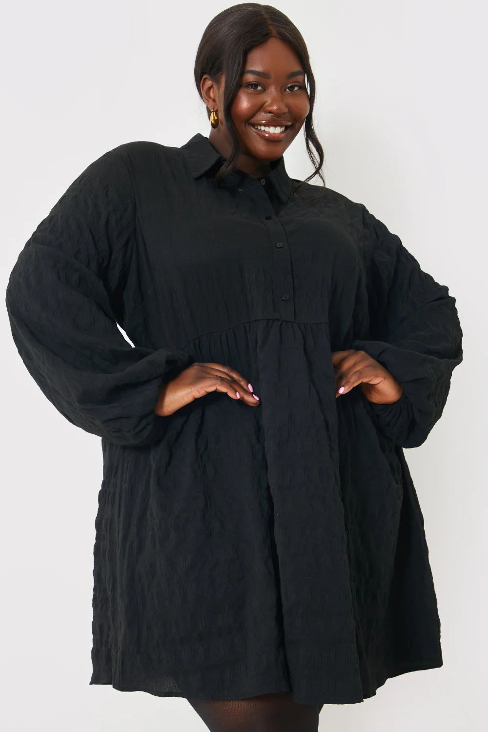Textured Button Through Collared Smock Dress - Image 16