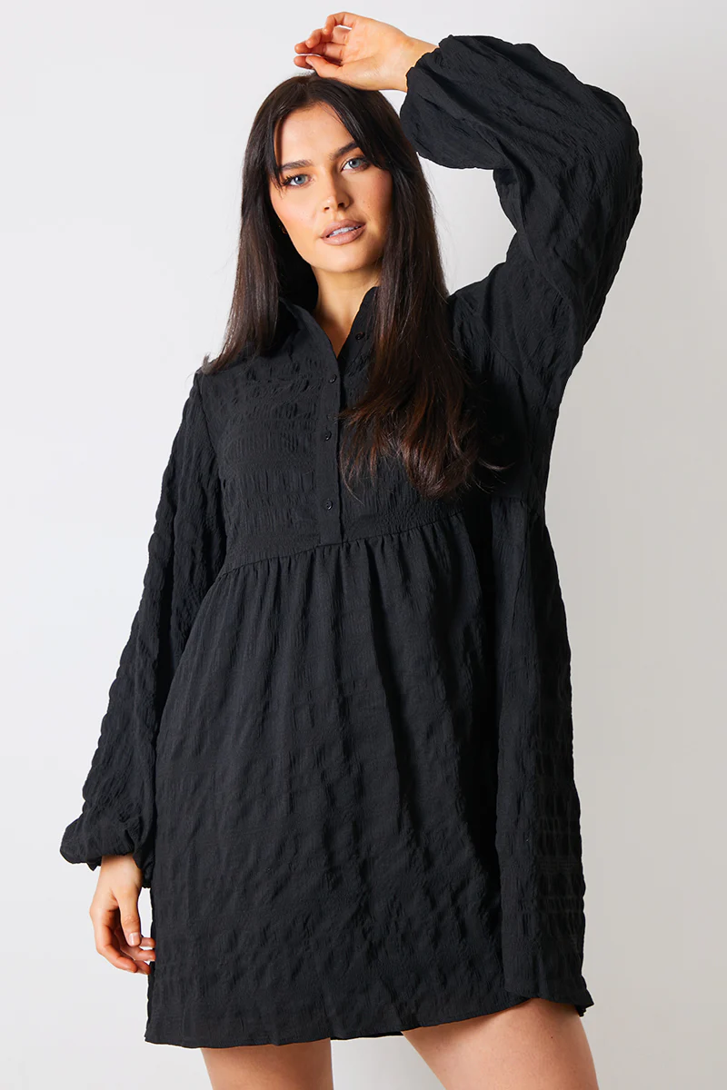 Textured Button Through Collared Smock Dress - Image 2