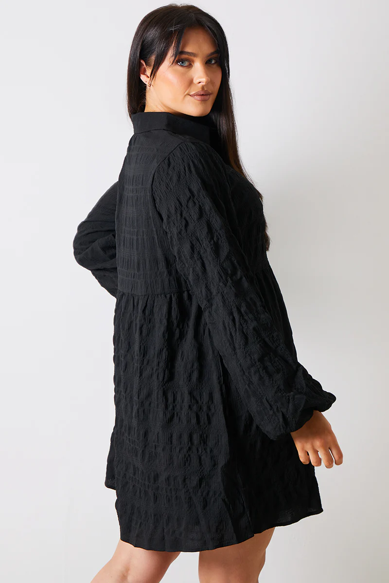 Textured Button Through Collared Smock Dress - Image 3