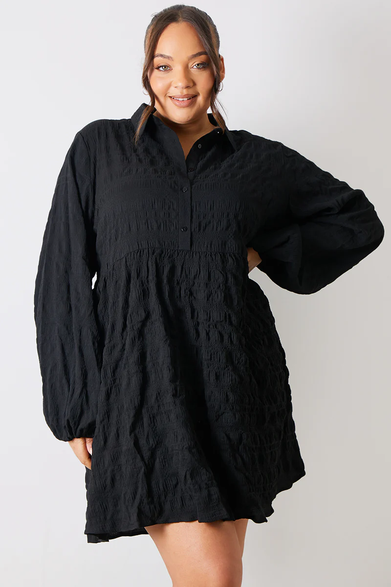Textured Button Through Collared Smock Dress - Image 4