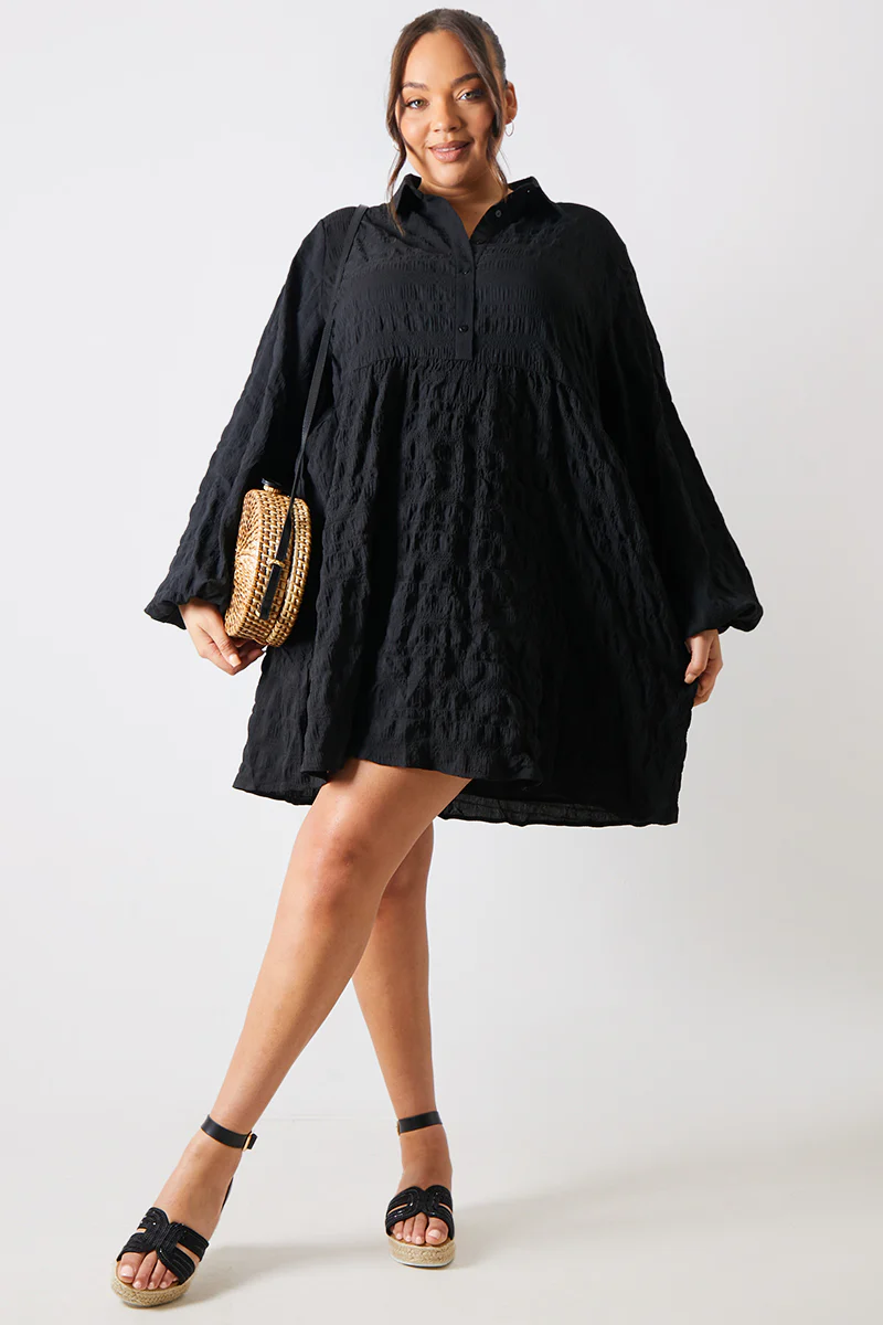 Textured Button Through Collared Smock Dress - Image 5