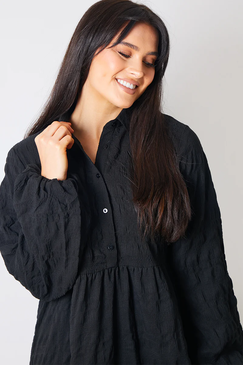 Textured Button Through Collared Smock Dress - Image 8