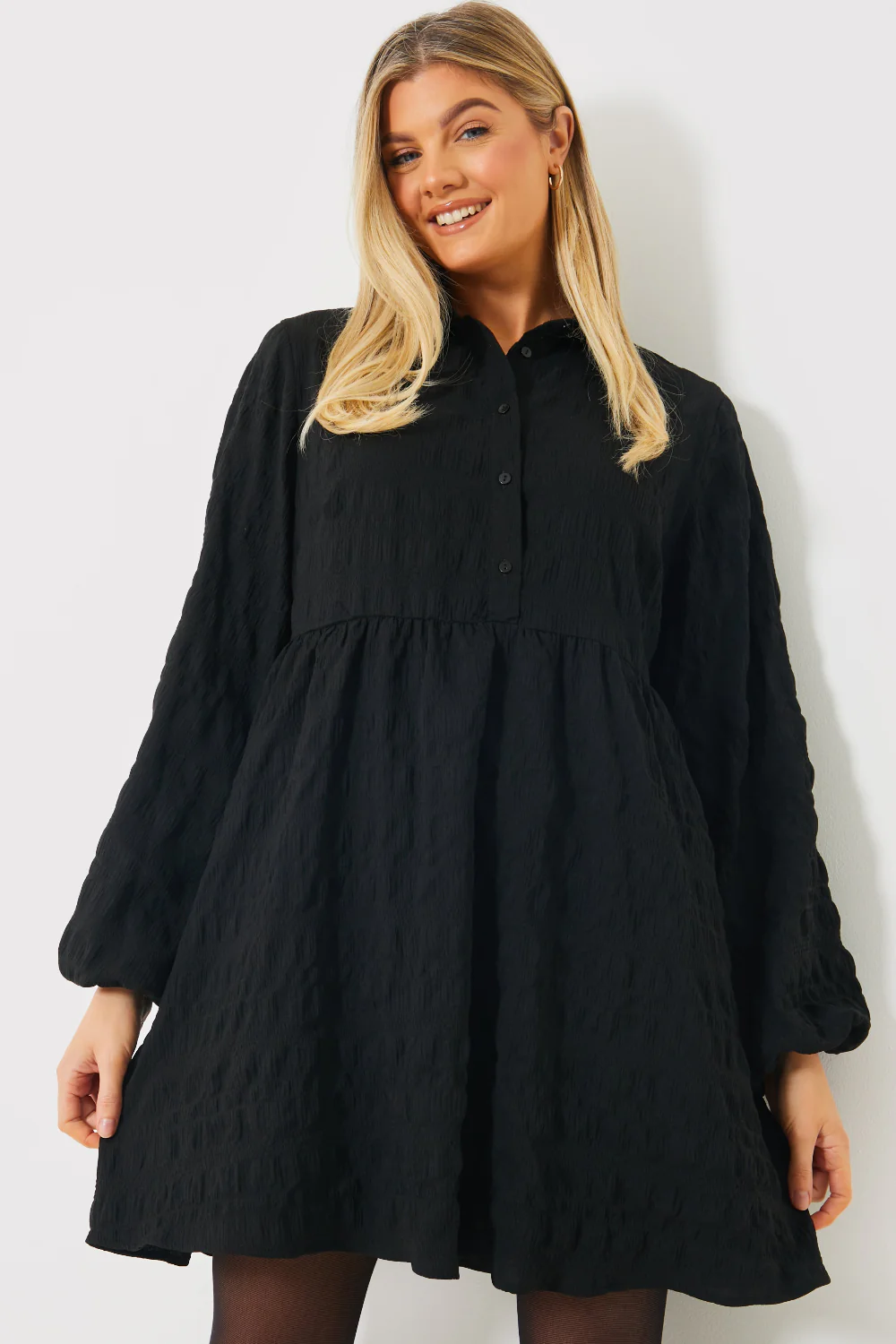Textured Button Through Collared Smock Dress - Image 9