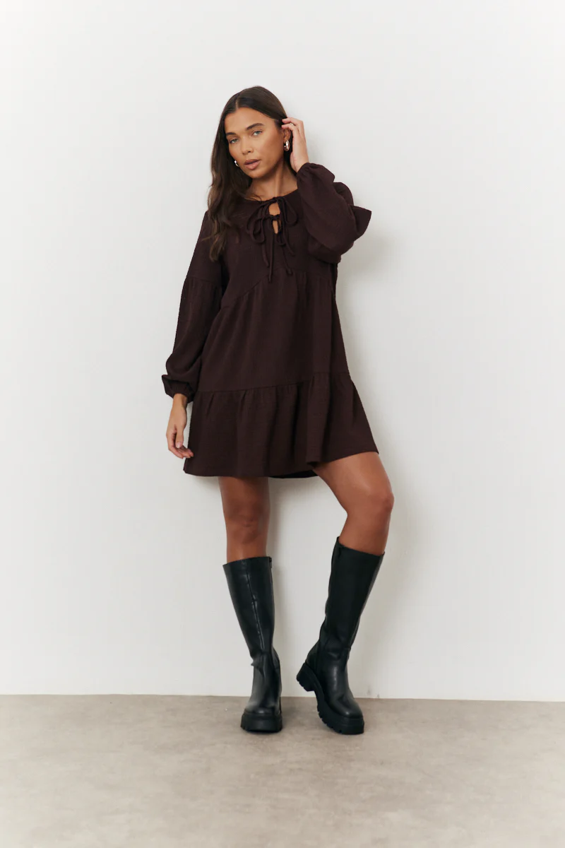 Brown Textured Tie Front Detail Smock Dress