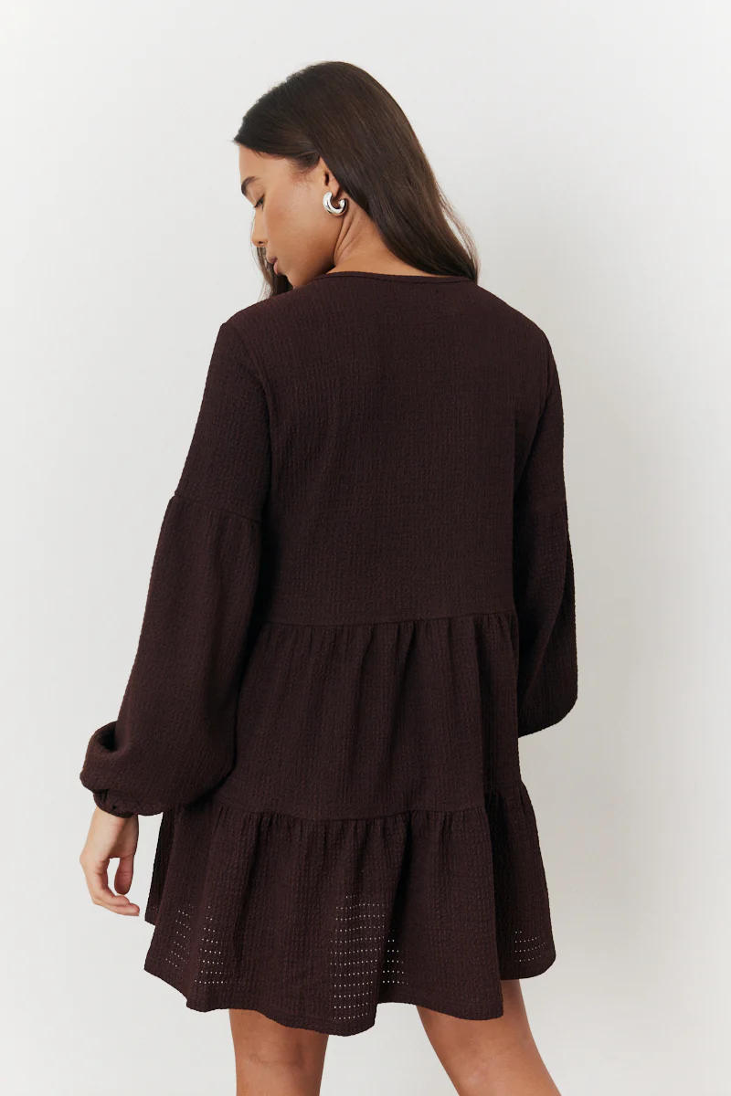 Brown Textured Tie Front Detail Smock Dress - Image 2