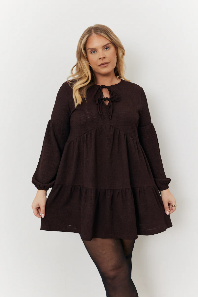 Brown Textured Tie Front Detail Smock Dress - Image 3