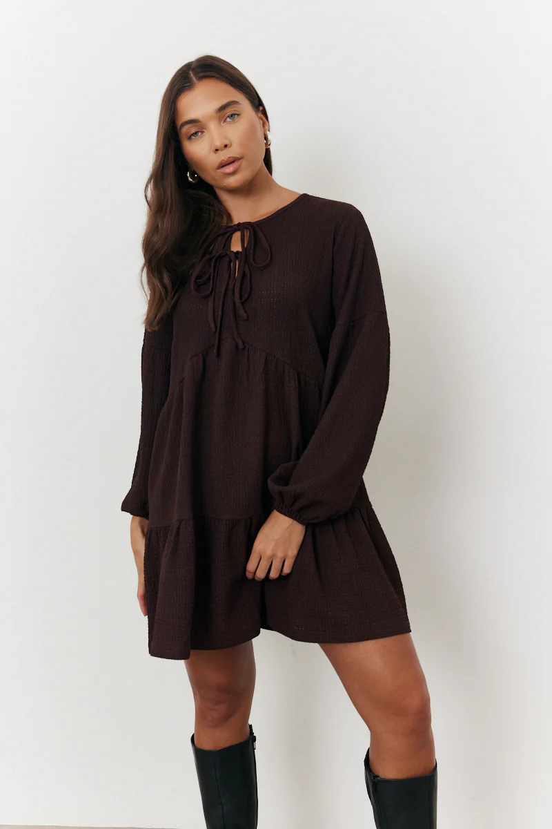 Brown Textured Tie Front Detail Smock Dress - Image 5