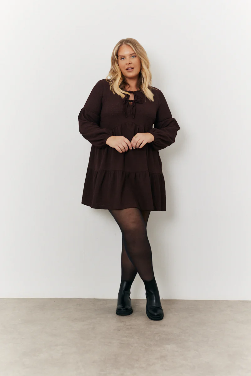 Brown Textured Tie Front Detail Smock Dress - Image 6