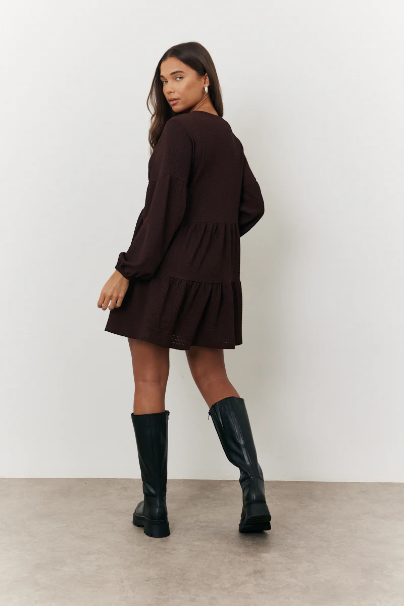 Brown Textured Tie Front Detail Smock Dress - Image 7