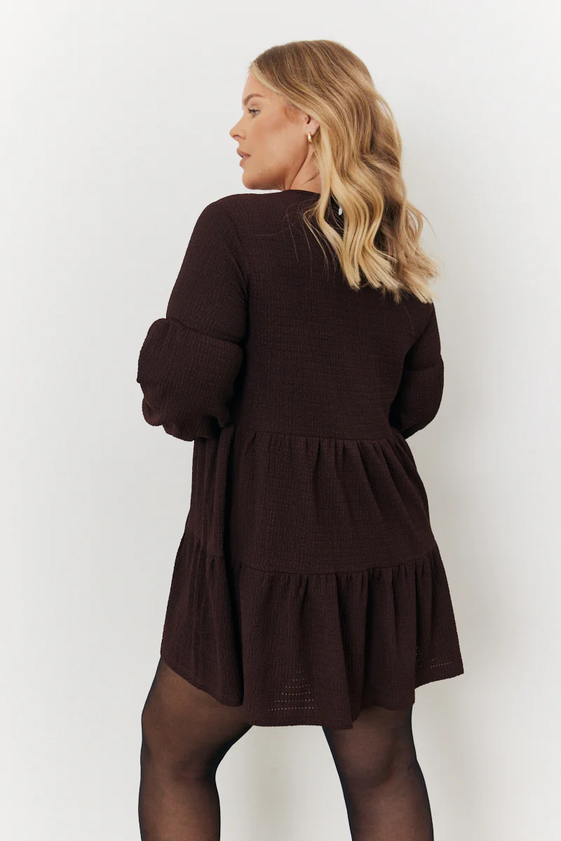 Brown Textured Tie Front Detail Smock Dress - Image 8