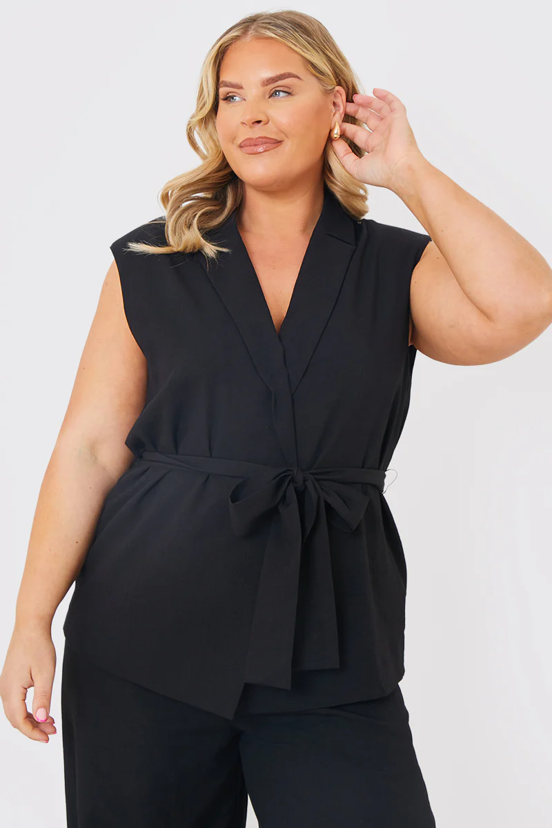 Textured Tie Waist Sleeveless Co-Ord Blazer - Image 5