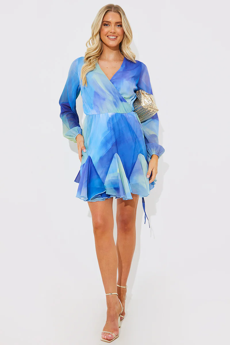 Blue Abstract Print Chiffon Wrap Godet Frill Mini Dress - Image 3