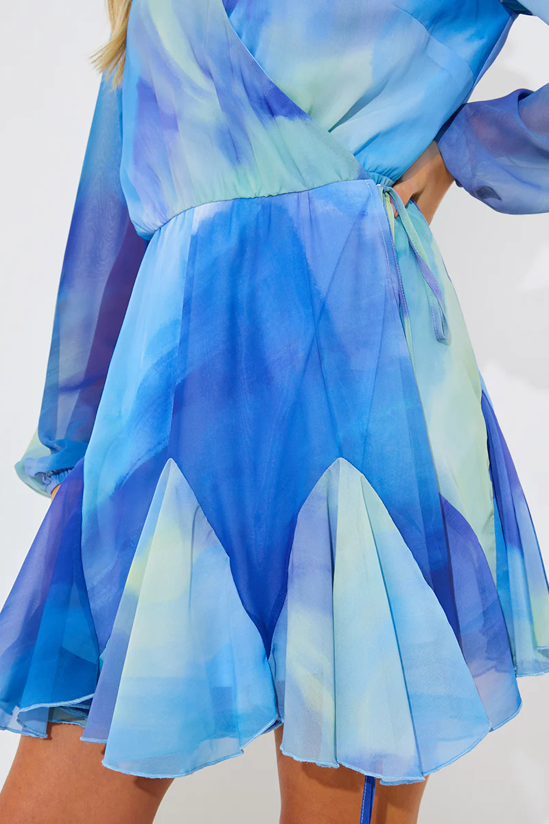 Blue Abstract Print Chiffon Wrap Godet Frill Mini Dress - Image 4