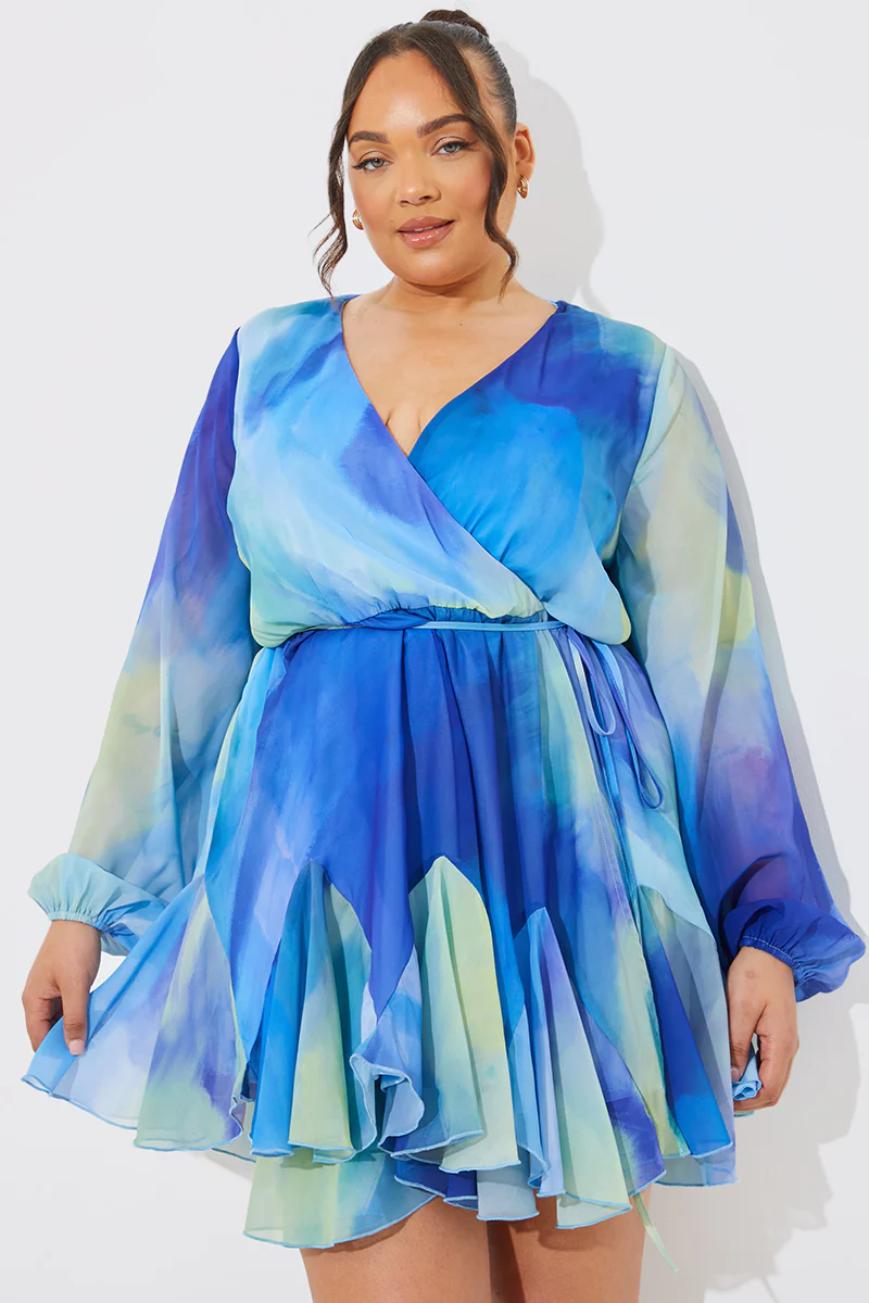 Blue Abstract Print Chiffon Wrap Godet Frill Mini Dress - Image 5