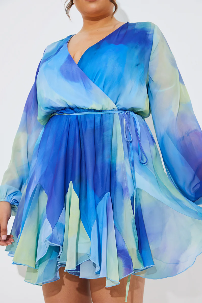 Blue Abstract Print Chiffon Wrap Godet Frill Mini Dress - Image 7