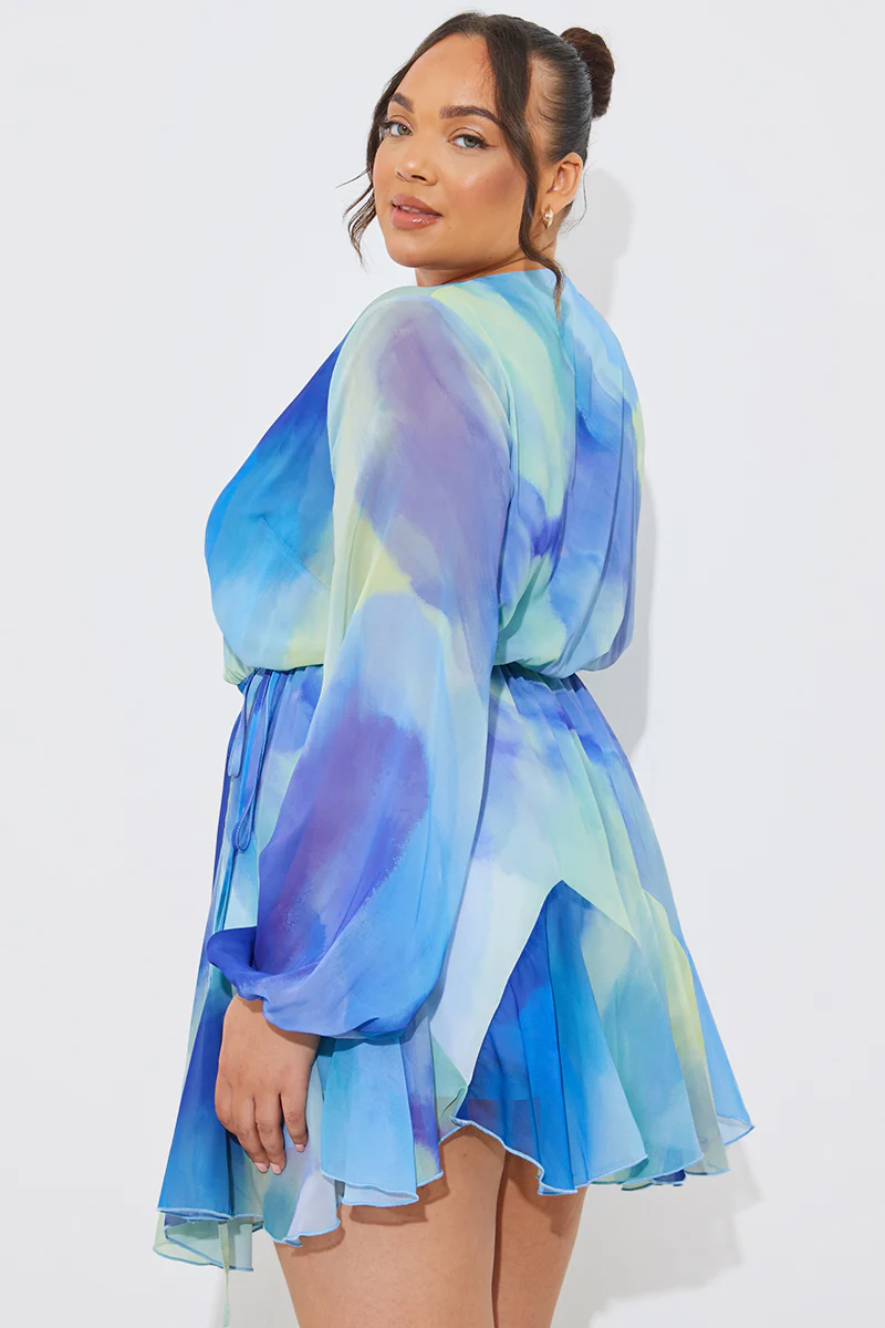 Blue Abstract Print Chiffon Wrap Godet Frill Mini Dress - Image 8