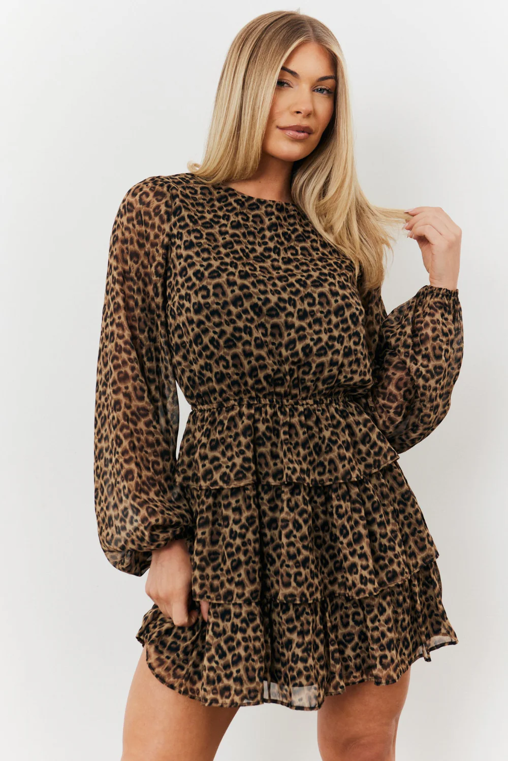 Tiered Leopard Chiffon Mini Dress