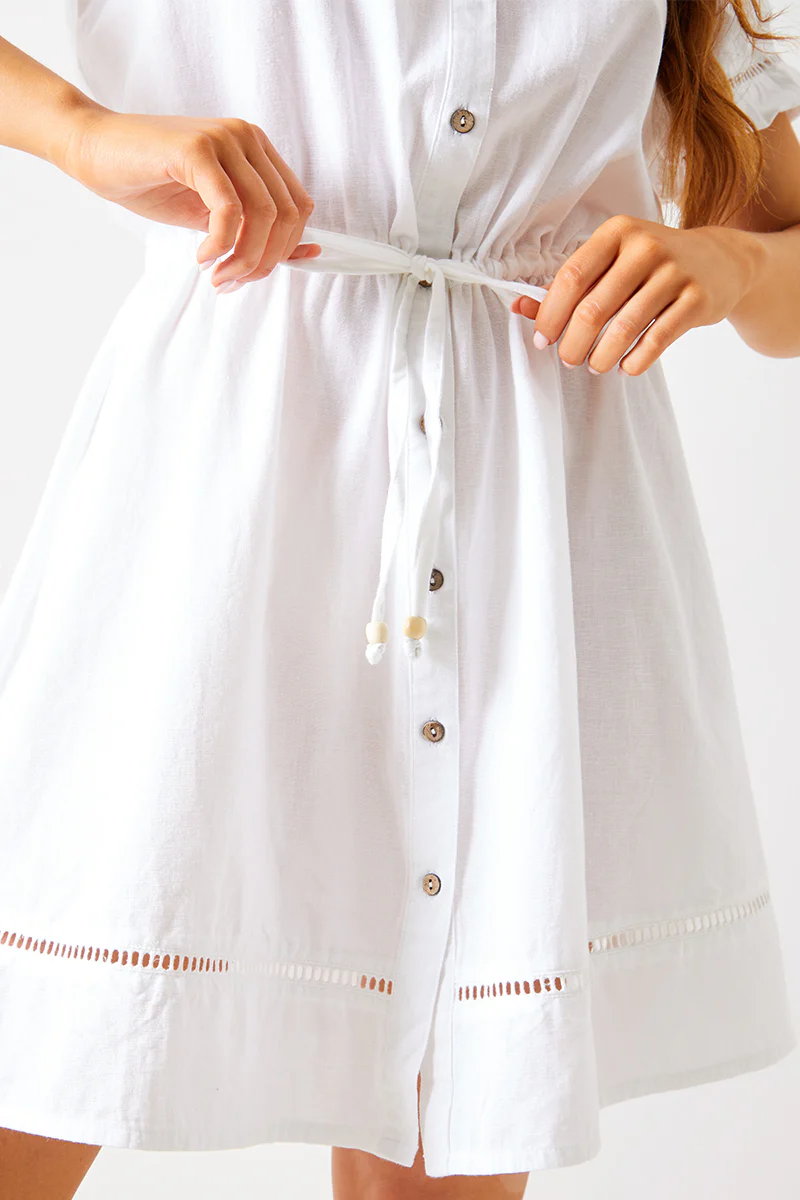 Crochet Insert Linen Look Button Through Mini Dress - Image 3