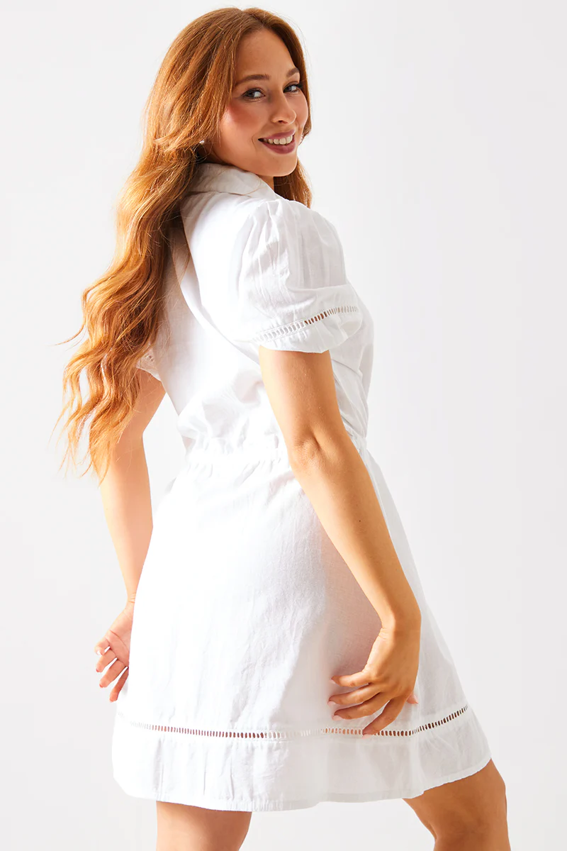 Crochet Insert Linen Look Button Through Mini Dress - Image 4