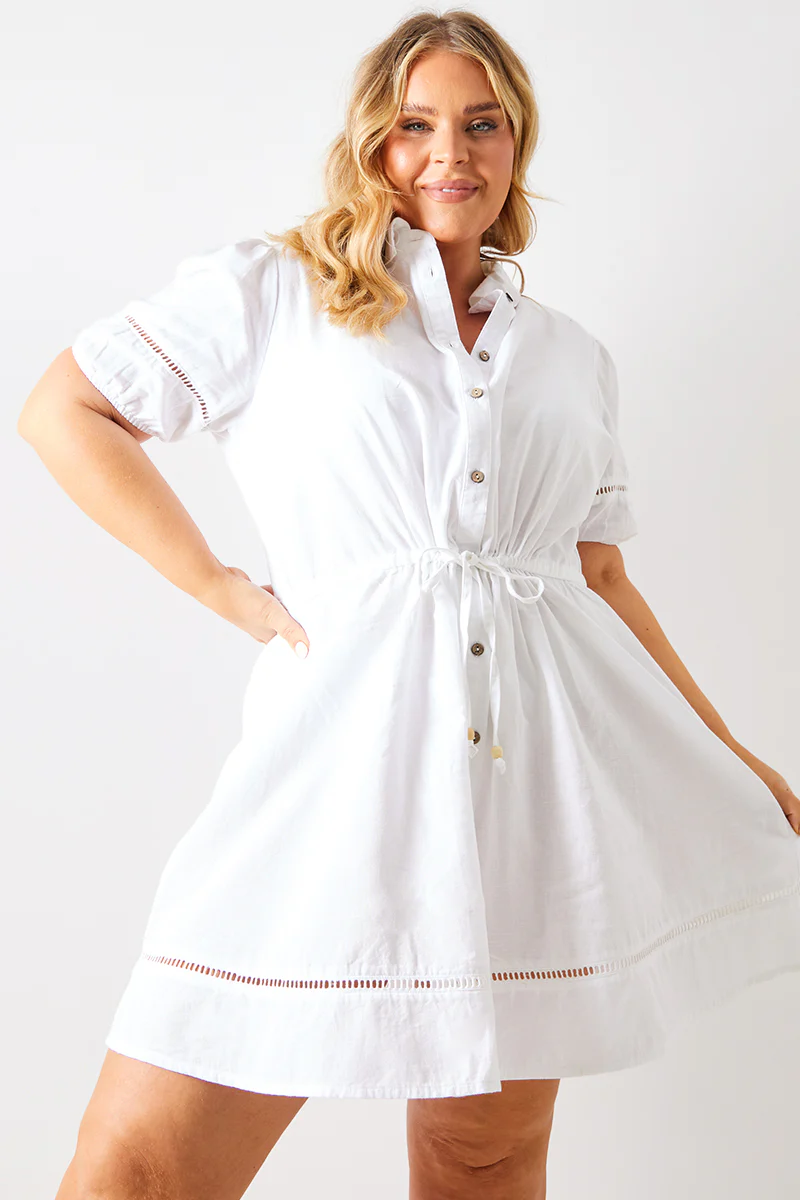 Crochet Insert Linen Look Button Through Mini Dress - Image 5