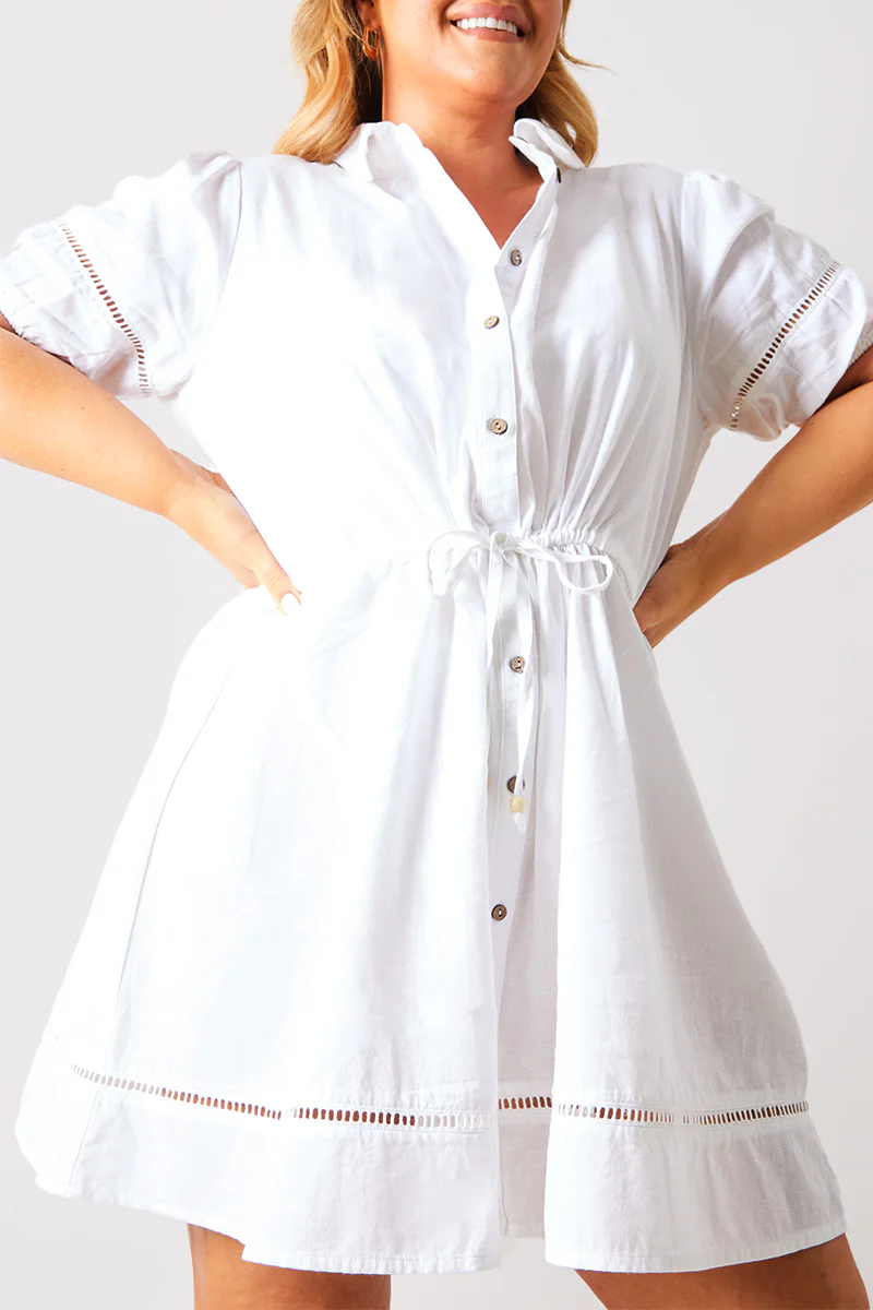 Crochet Insert Linen Look Button Through Mini Dress - Image 7