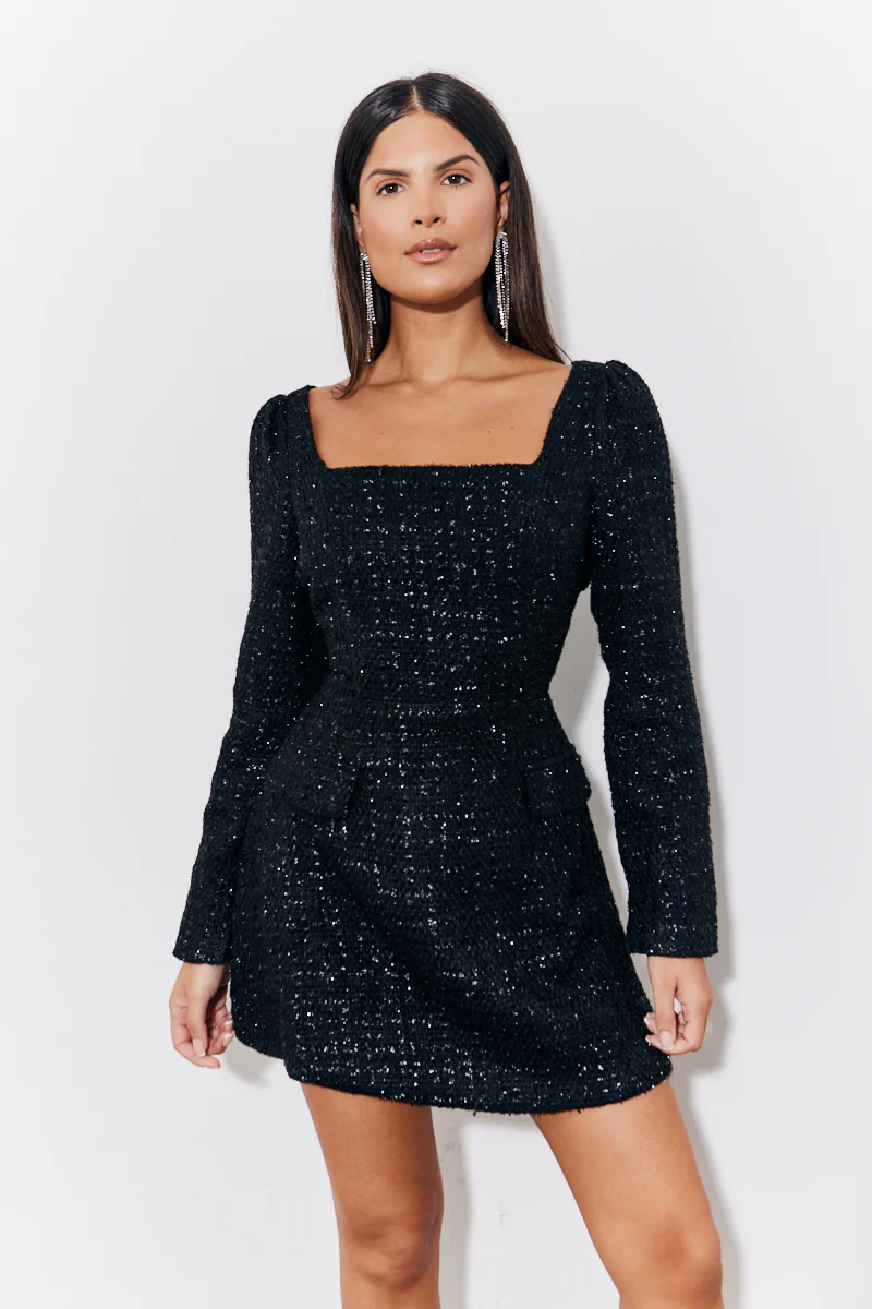 Black Tweed Fit and Flare Mini Dress - Image 2