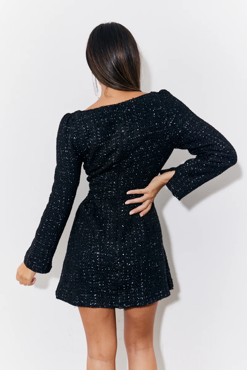 Black Tweed Fit and Flare Mini Dress - Image 4