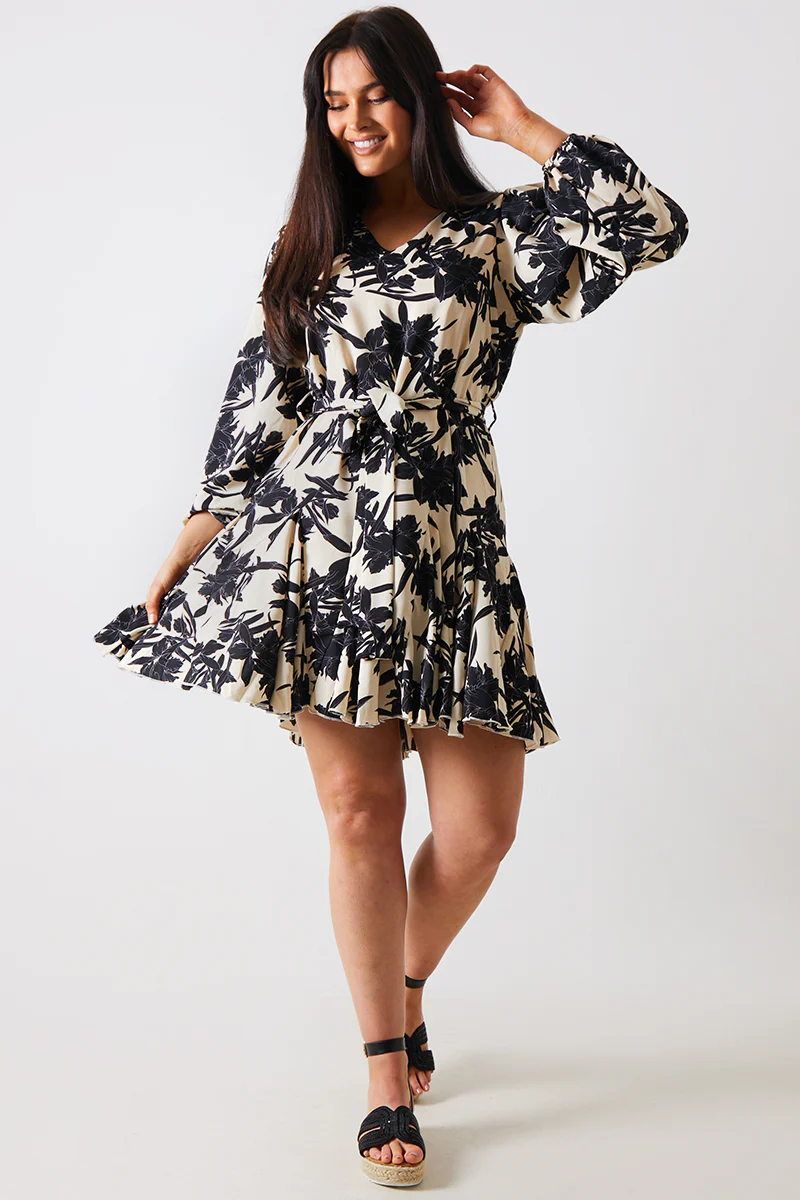 V Neck Balloon Sleeve Godet Mini Dress - Image 2