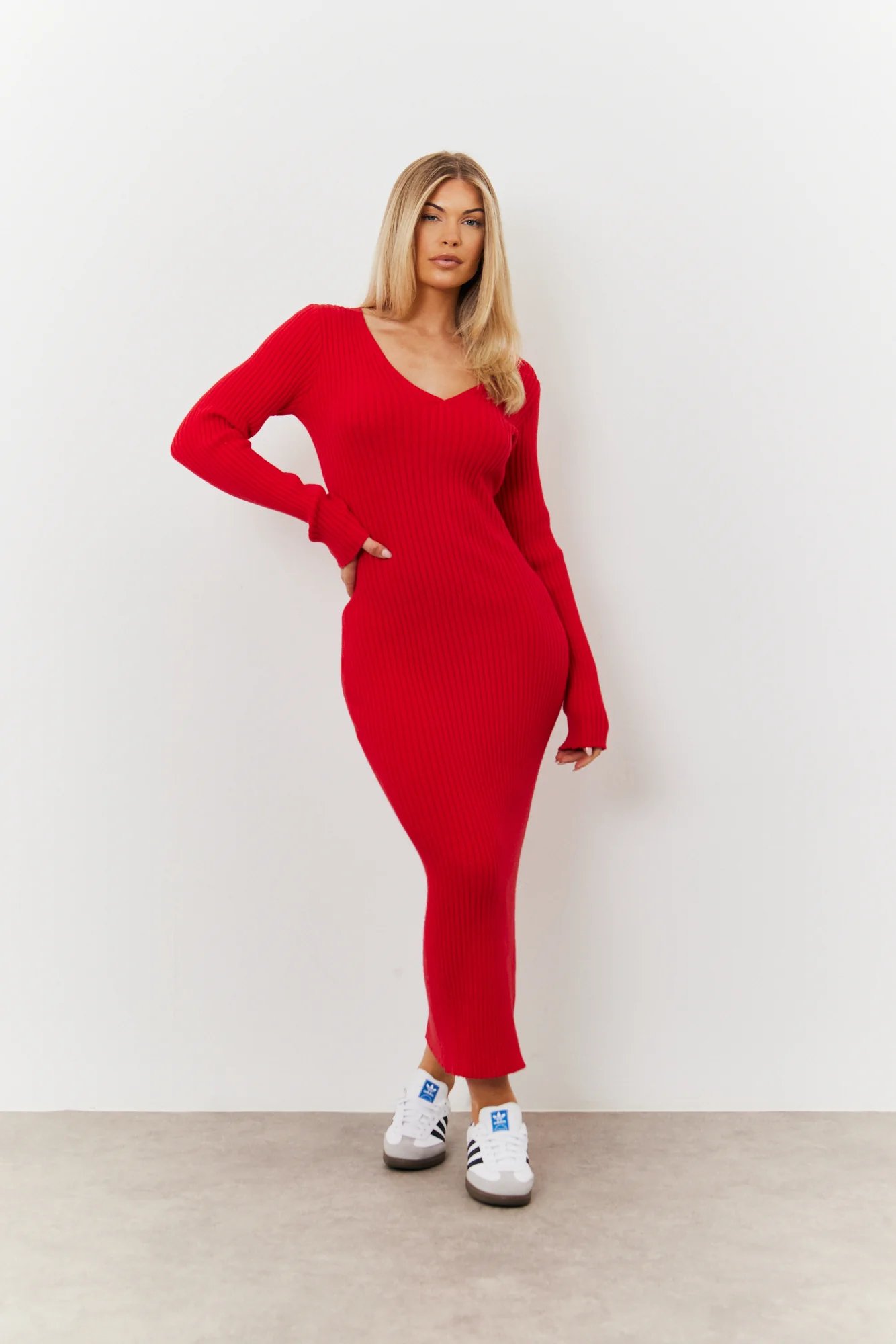 V Neck Rib Maxi Long Sleeve Dress - Image 3