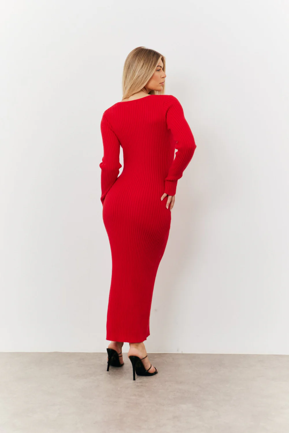 V Neck Rib Maxi Long Sleeve Dress - Image 6