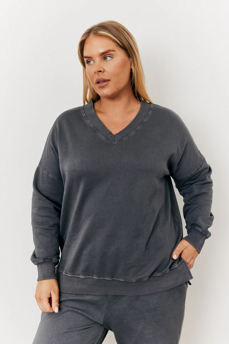 Grey Wash V Neck Split Hem Sweatshirt - Image 3