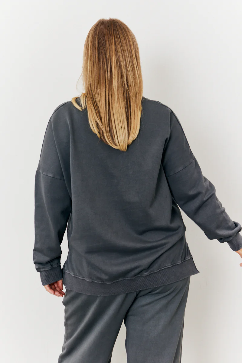 Grey Wash V Neck Split Hem Sweatshirt - Image 4