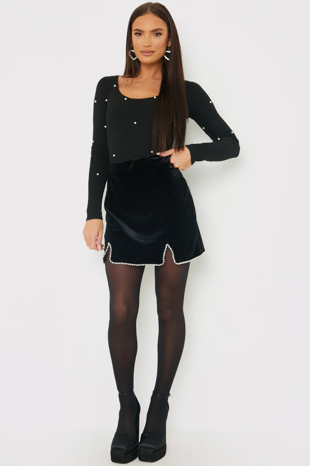 Velvet Faux Pearl Mini Skirt - Image 2