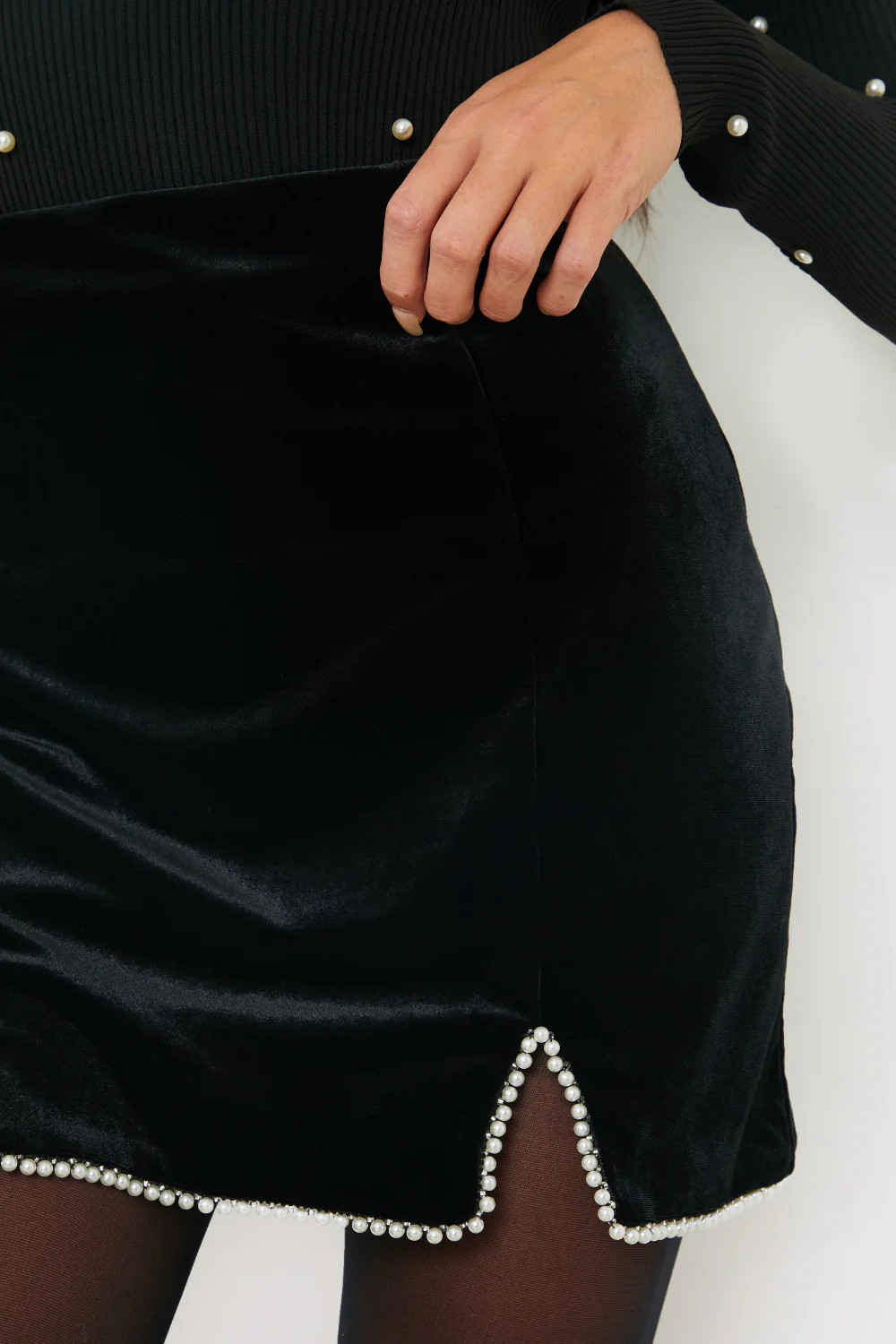 Velvet Faux Pearl Mini Skirt - Image 3