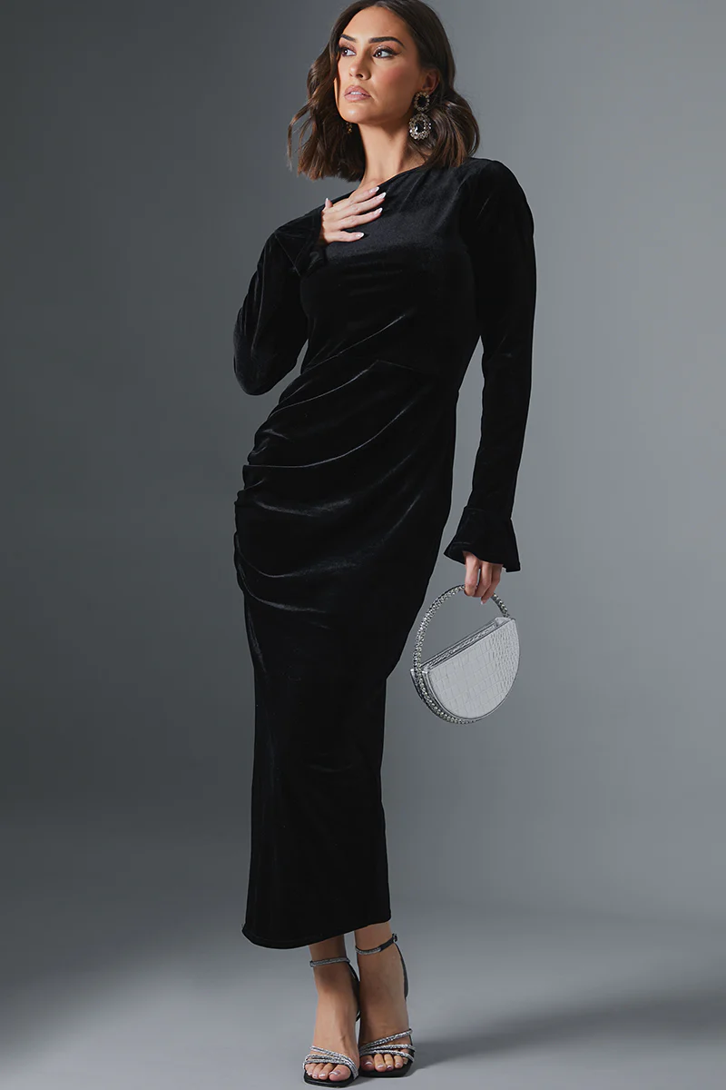 Velvet Asymmetric Midi Dress With Flared Cuff