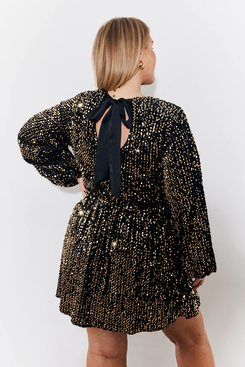 Gold Velvet Sequin Bow Back Smock Dress - Image 3