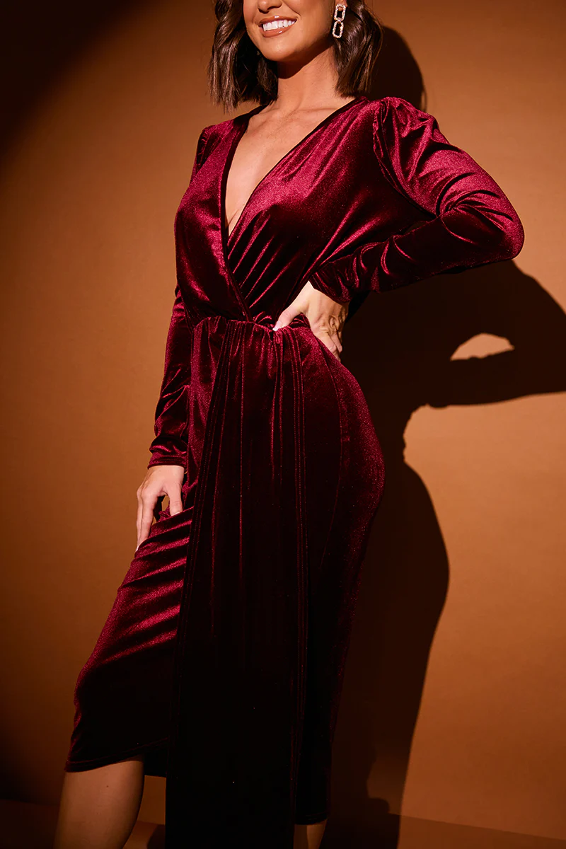 Velvet Wrap Front Drape Midi Dress - Image 3