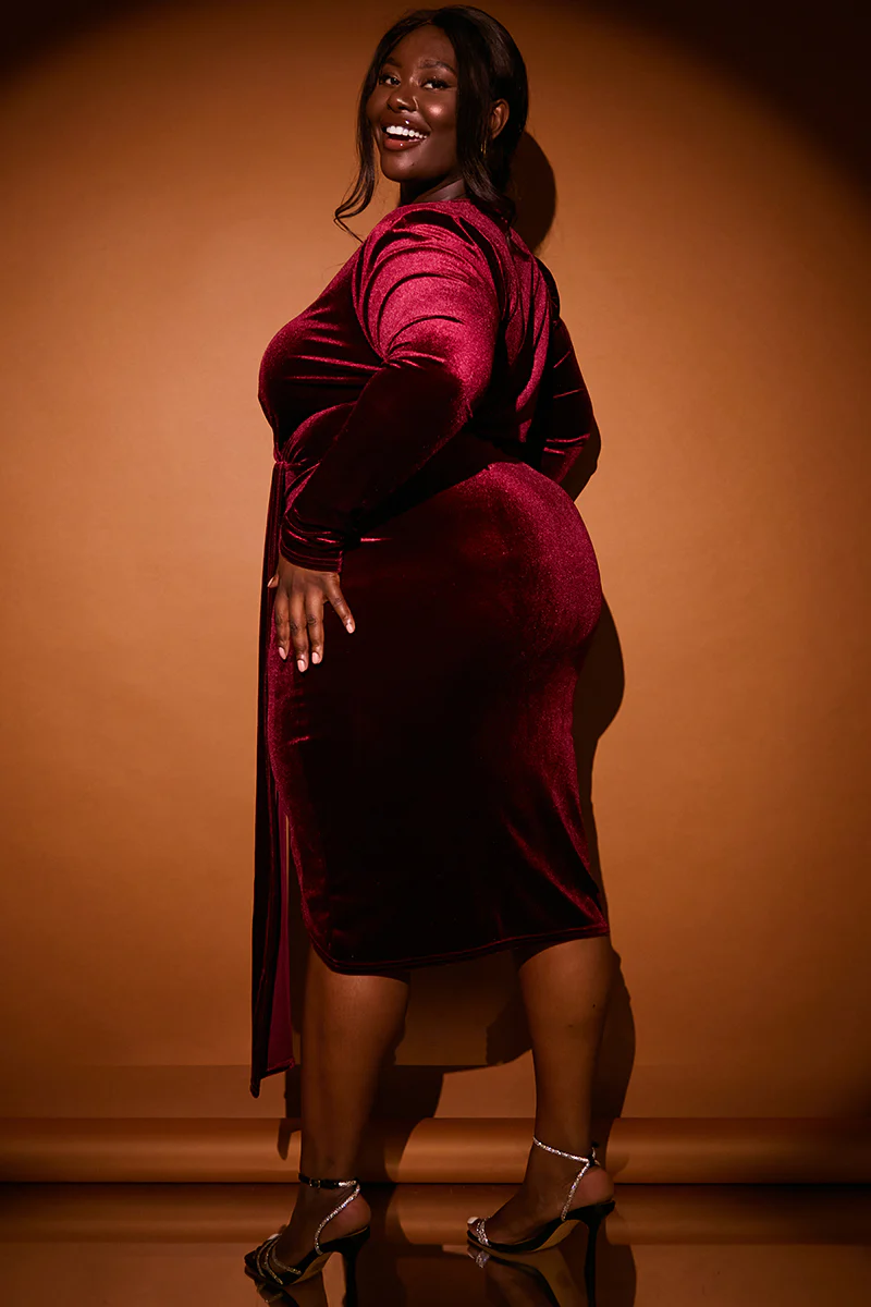 Velvet Wrap Front Drape Midi Dress - Image 6