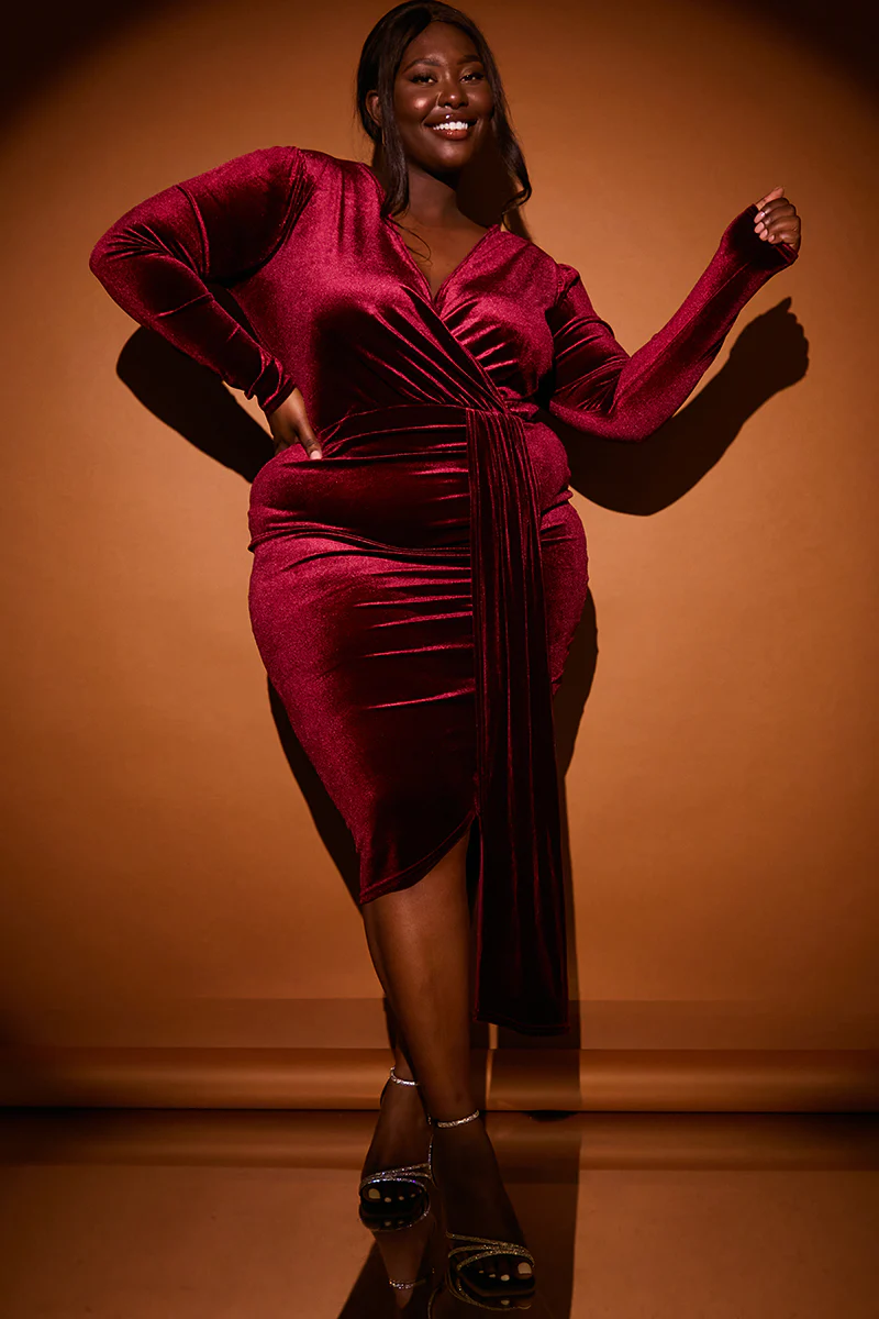 Velvet Wrap Front Drape Midi Dress - Image 7