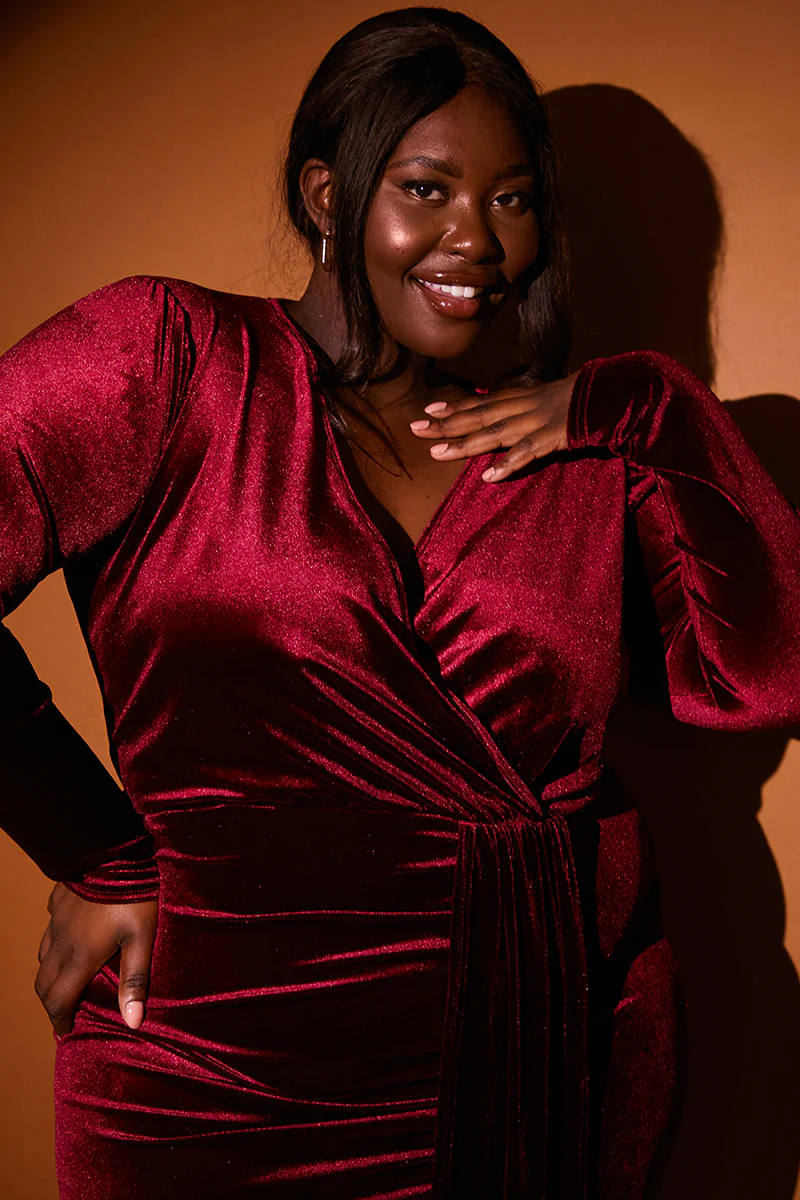 Velvet Wrap Front Drape Midi Dress - Image 8