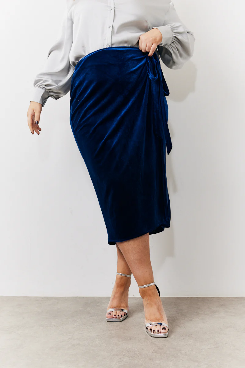 Navy Velvet Wrap Midi Skirt - Image 2